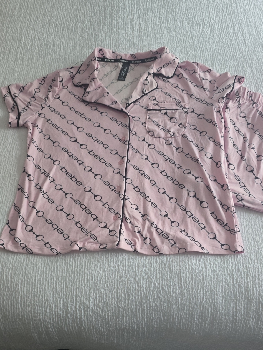 bebe Pink Logo-Print Button Pajama Top with Black Piping